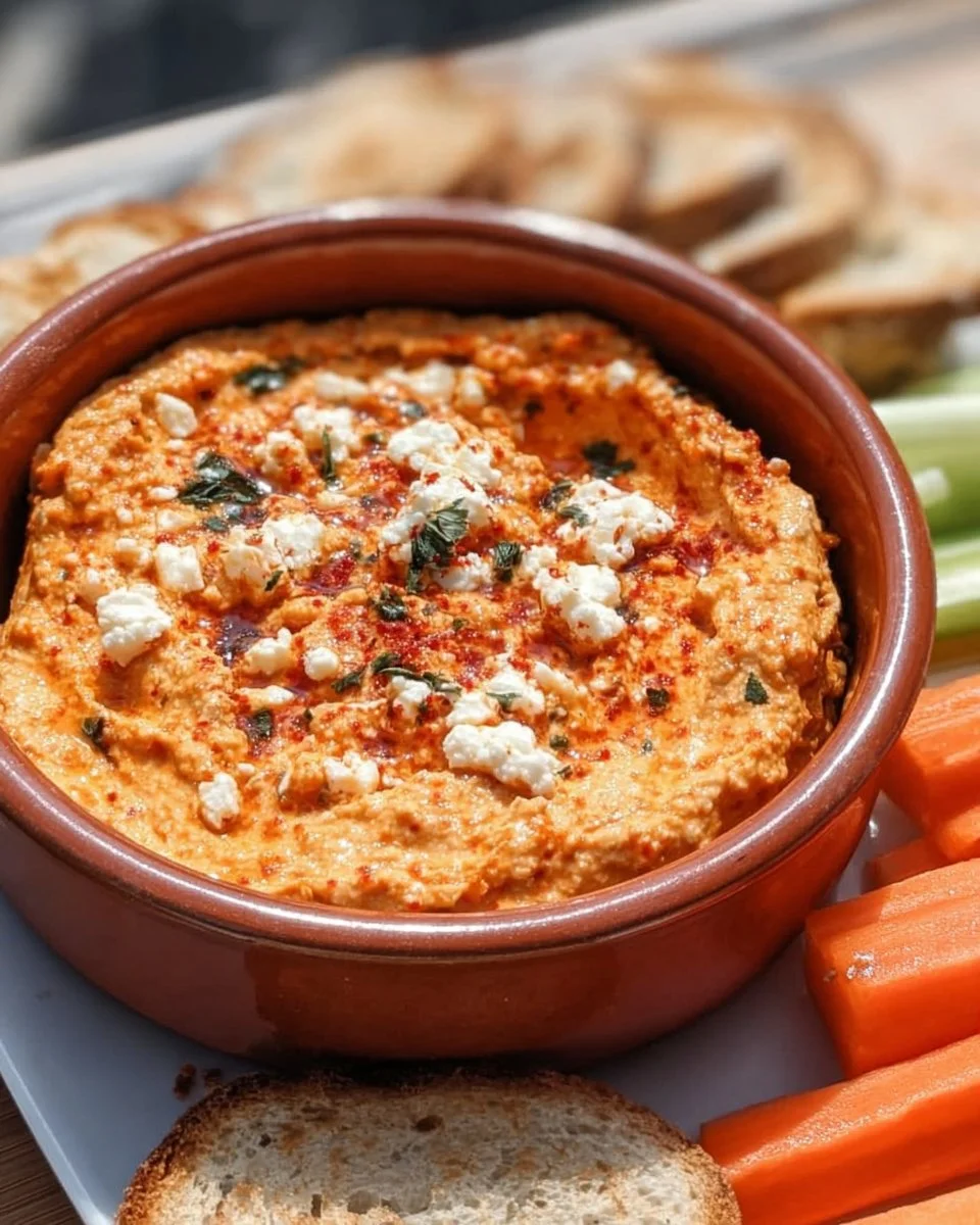 Scharfer Feta-Ajvar-Dip in einer Schüssel mit Brot und Gemüse