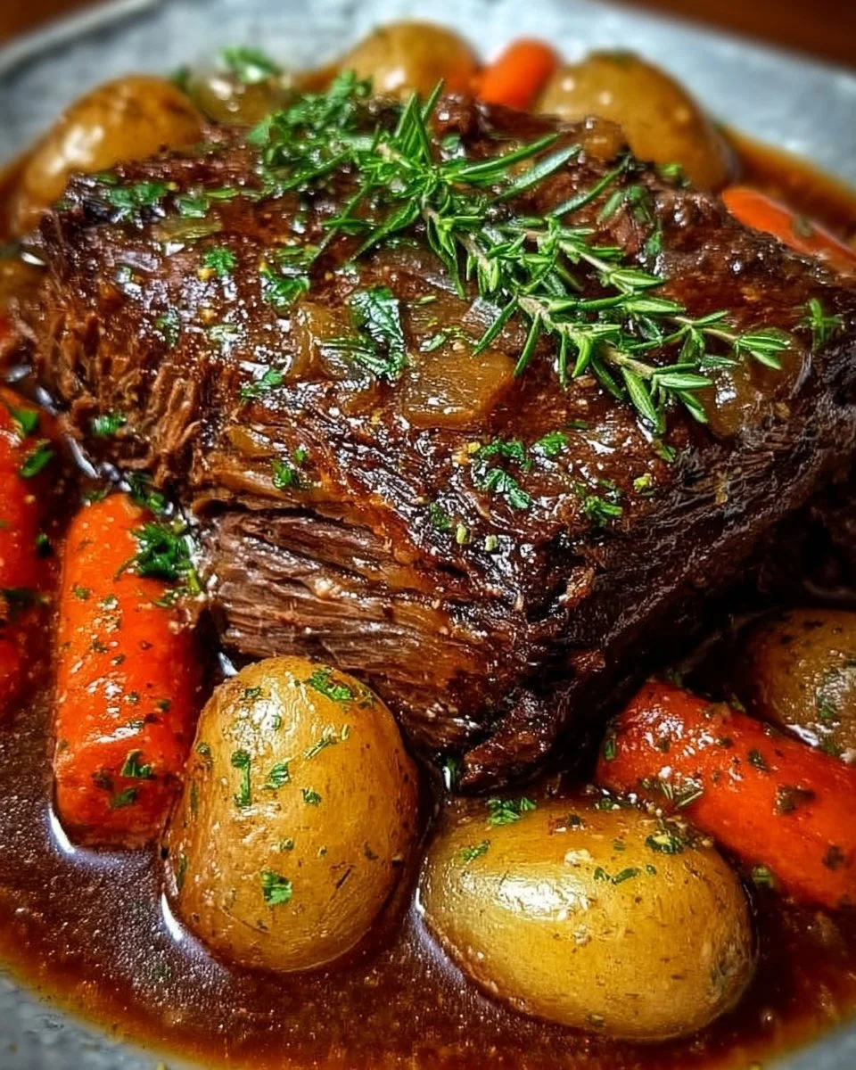 Zartes Schmorbraten-Rezept mit Rindfleisch auf einem Teller serviert.