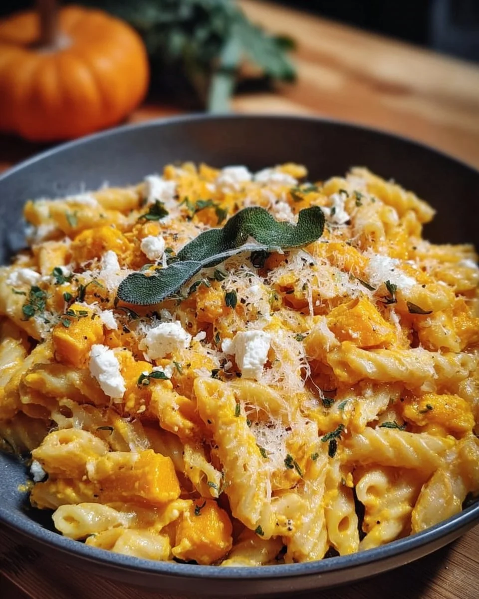Schnelle Feta-Kürbis-Pasta mit frischen Zutaten serviert