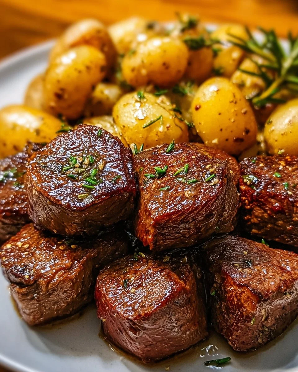 Schnelle Knoblauch-Steakstücke mit goldbraun gebratenen Kartoffeln
