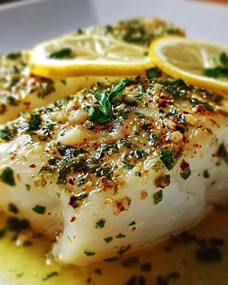 Schneller Zitronen-Knoblauch-Kabeljau auf einem Teller serviert.