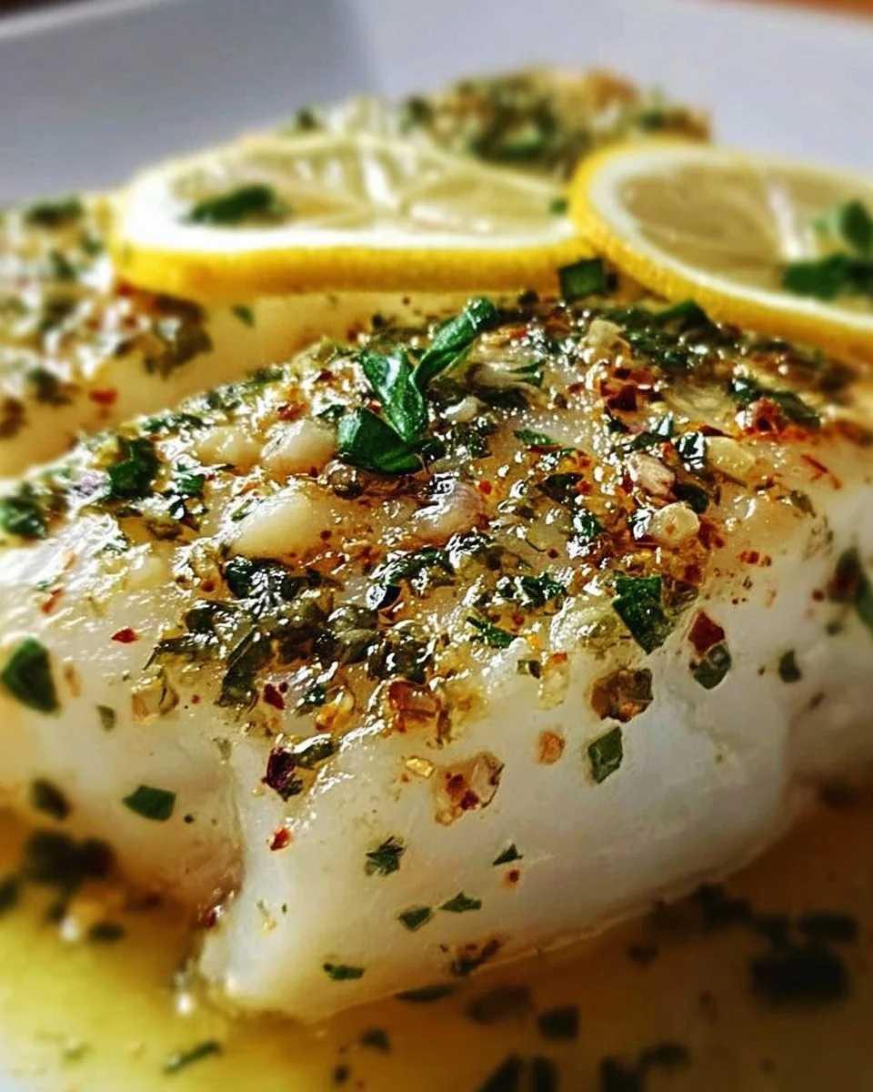 Schneller Zitronen-Knoblauch-Kabeljau auf einem Teller serviert.