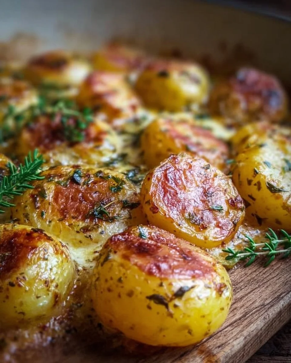 Schwedische Kartoffeln auf einem Teller mit frischen Kräutern garniert.