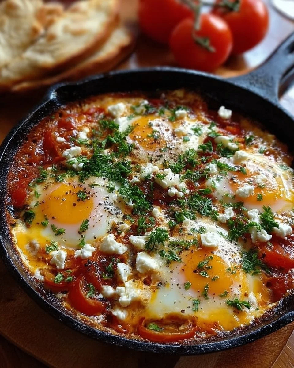 Leckeres Shakshuka mit Feta serviert in einer Pfanne