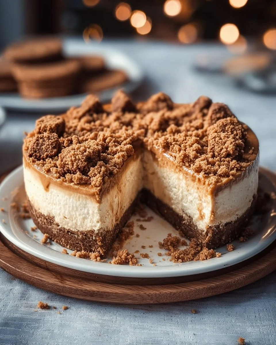 Spekulatius-Käsekuchen mit Keksboden und Streuseln auf einem Teller serviert.