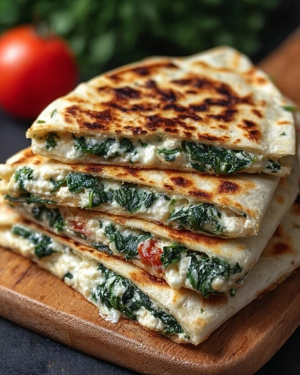 Leckere Spinat-Feta-Quesadillas auf einem Teller mit frischem Gemüse