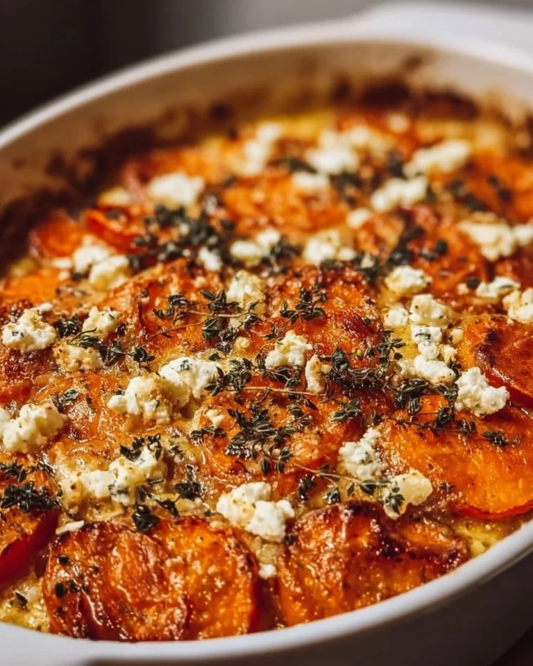 Süßkartoffelgratin mit Feta, gebacken bis goldbraun und köstlich.
