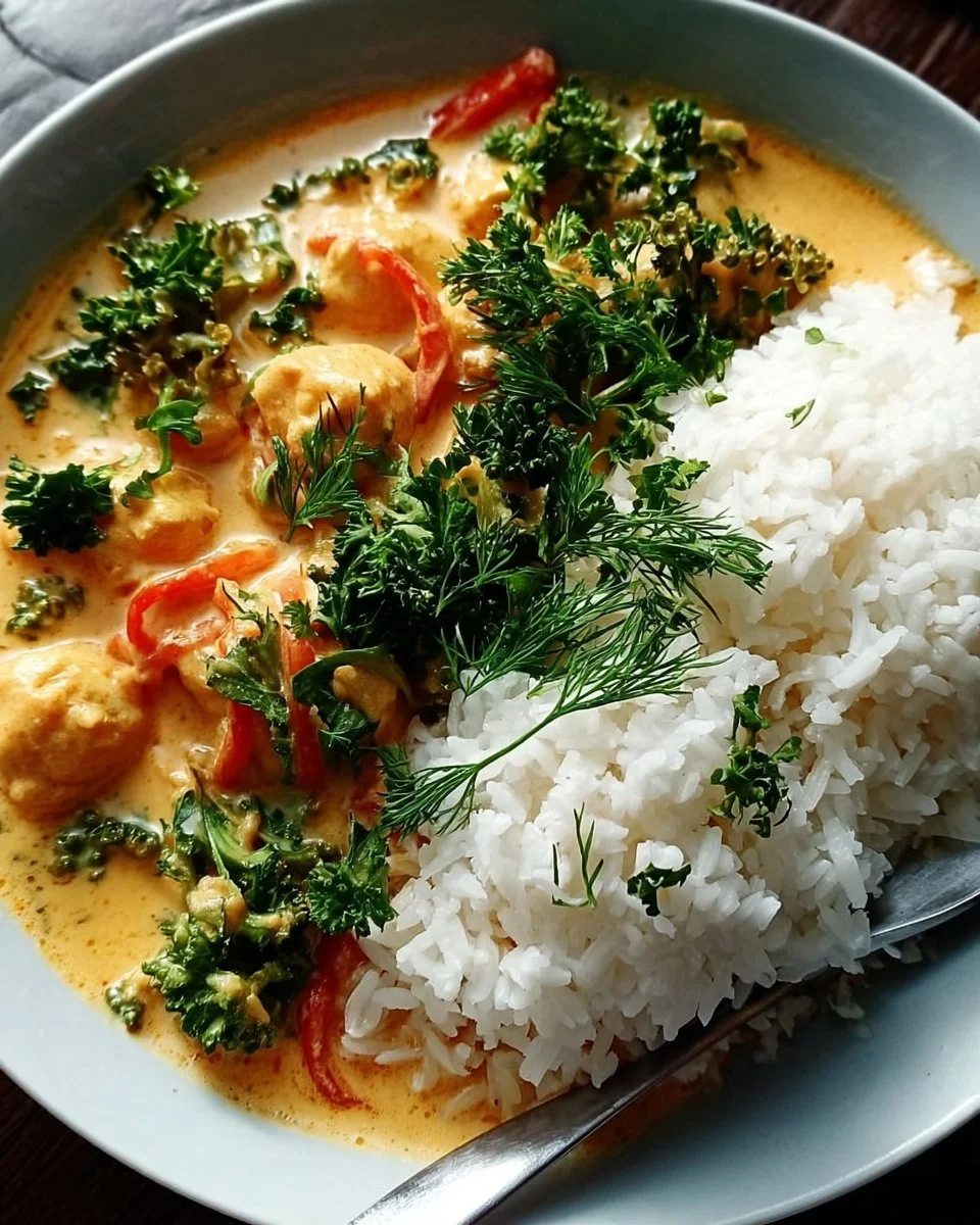 Schüssel mit Thai Erdnuss-Curry mit Kokosmilch, garniert mit frischem Koriander.