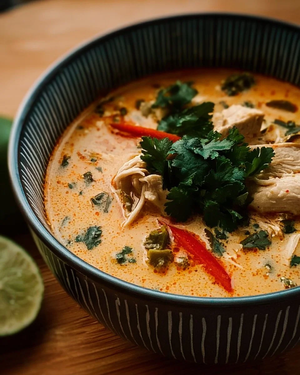 Schüssel mit dampfender Thai-Hühnchensuppe, garnished mit frischen Kräutern
