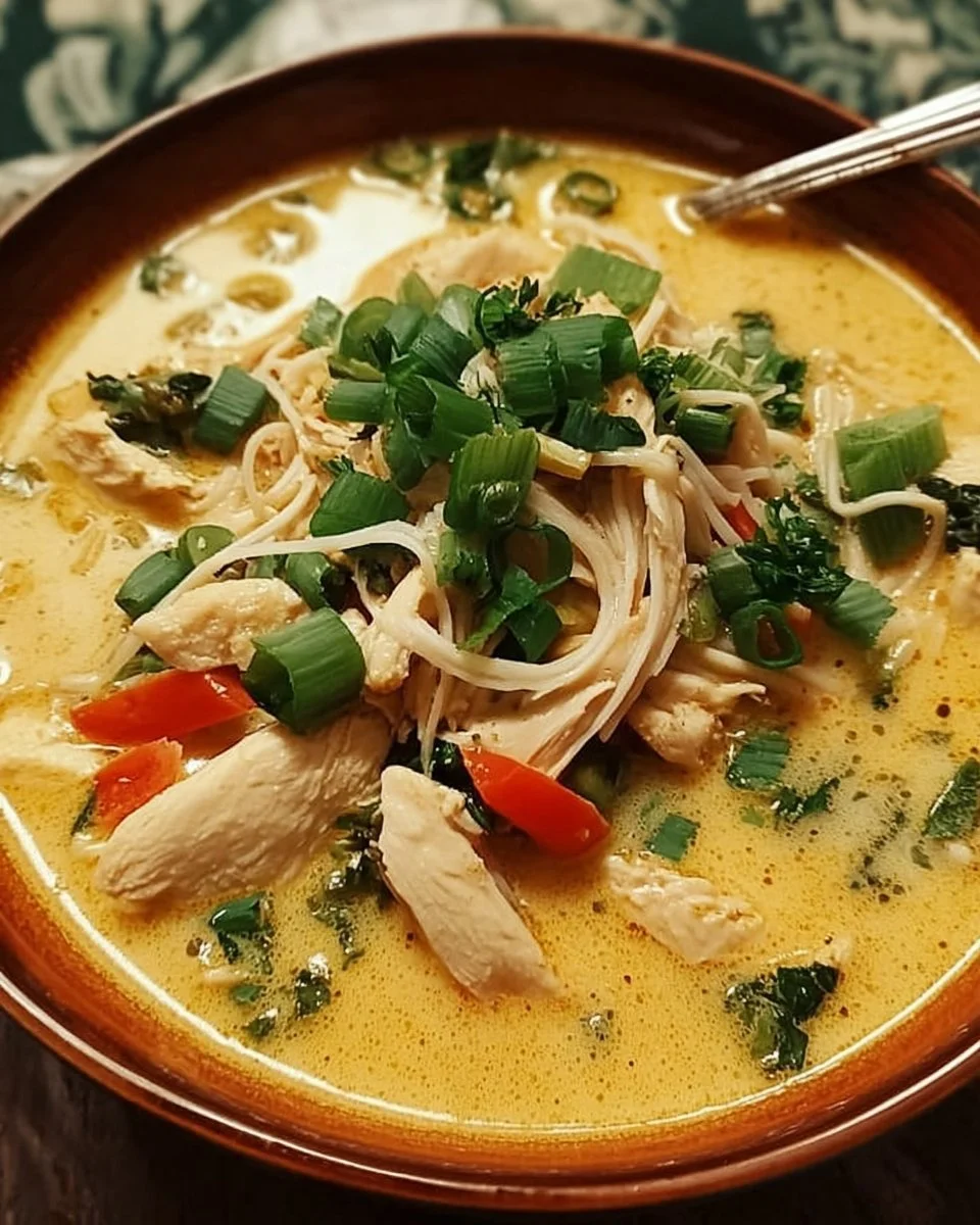 Schale mit thailändischer Hühnersuppe und frischen Kräutern.