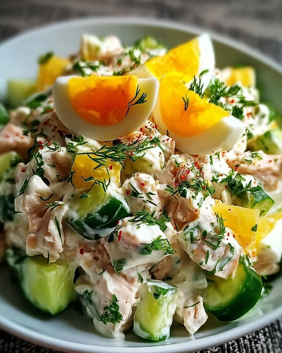 Schüssel mit Thunfischsalat, Ei und Joghurt als gesunde Mahlzeit