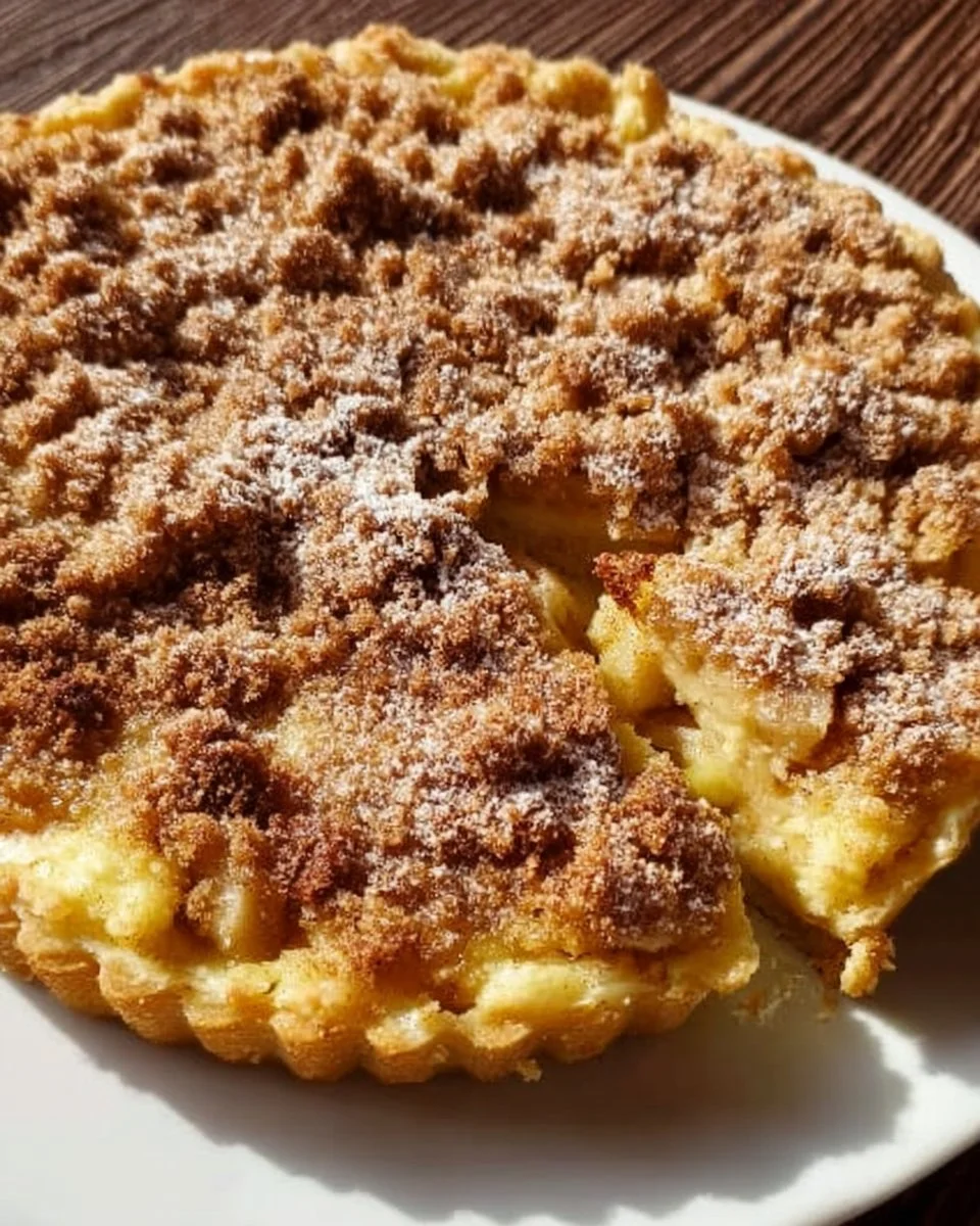 Traditioneller Apfelkuchen mit Pudding und Zimtstreuseln auf einem Dessertteller