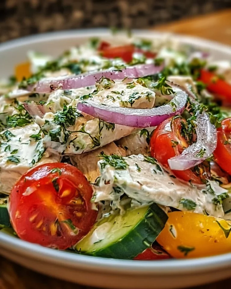 Leckere Portion Tzatziki-Hähnchensalat mit frischem Gemüse und Kräutern