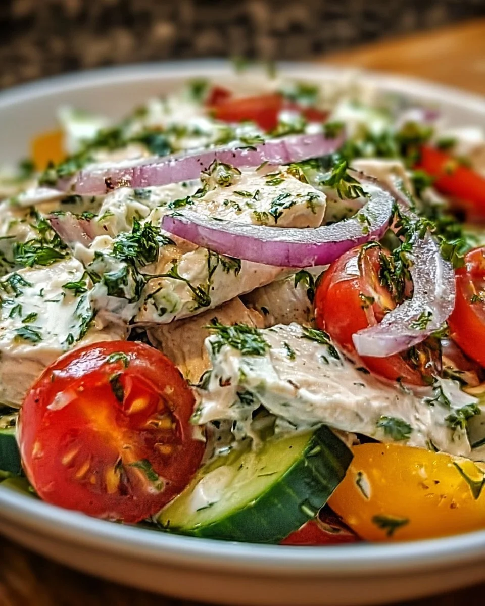 Leckere Portion Tzatziki-Hähnchensalat mit frischem Gemüse und Kräutern