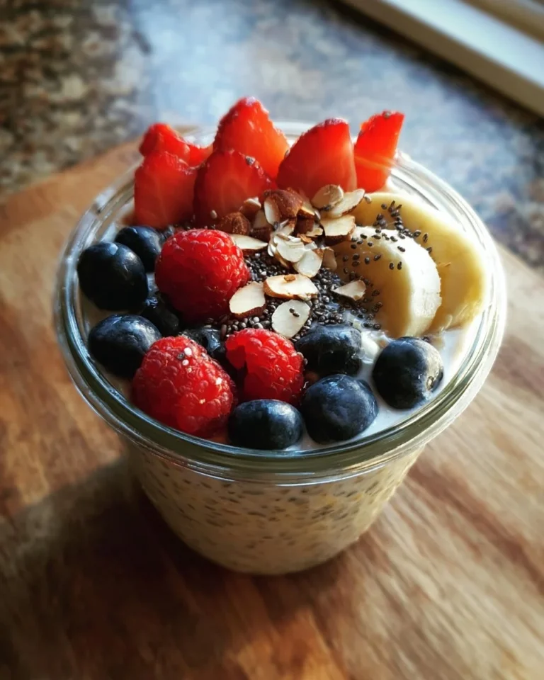 Schüssel mit Übernacht-Haferflocken, garniert mit frischen Früchten und Nüssen.