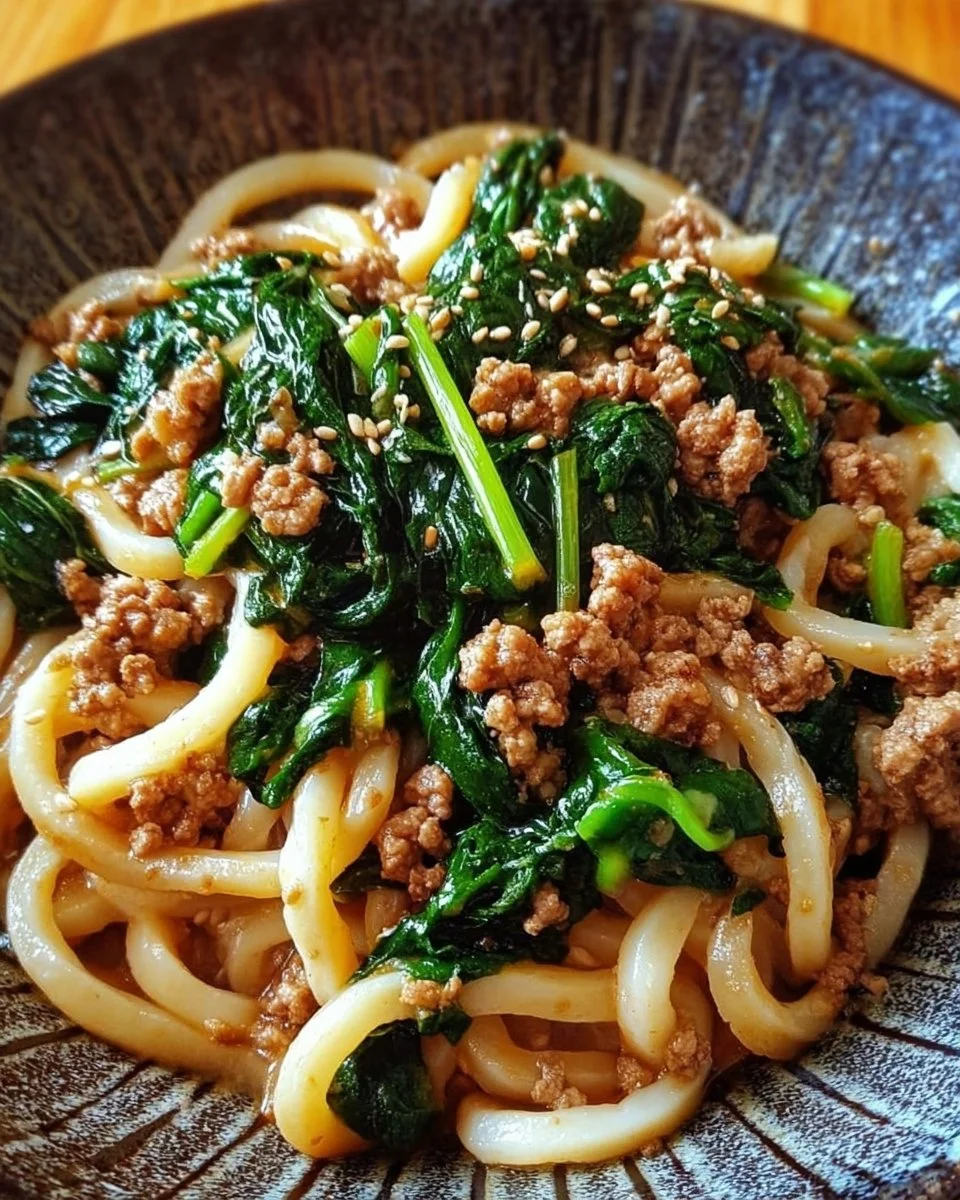 Udon-Nudeln mit Hackfleisch und frischem Spinat auf einem Teller serviert