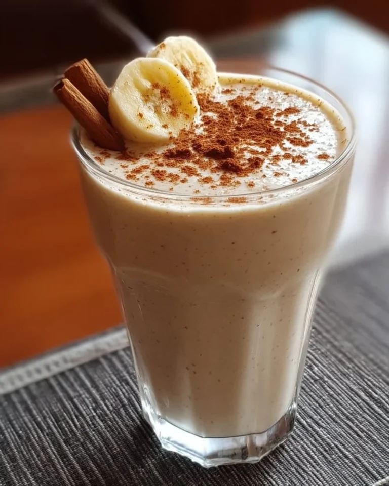 Vanille-Zimt-Bananen-Smoothie in einem Glas mit frischen Bananen und Zimtstangen