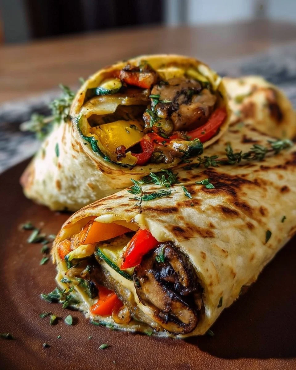 Vegetarische Wraps gefüllt mit gegrilltem Gemüse und Hummus auf einem Teller