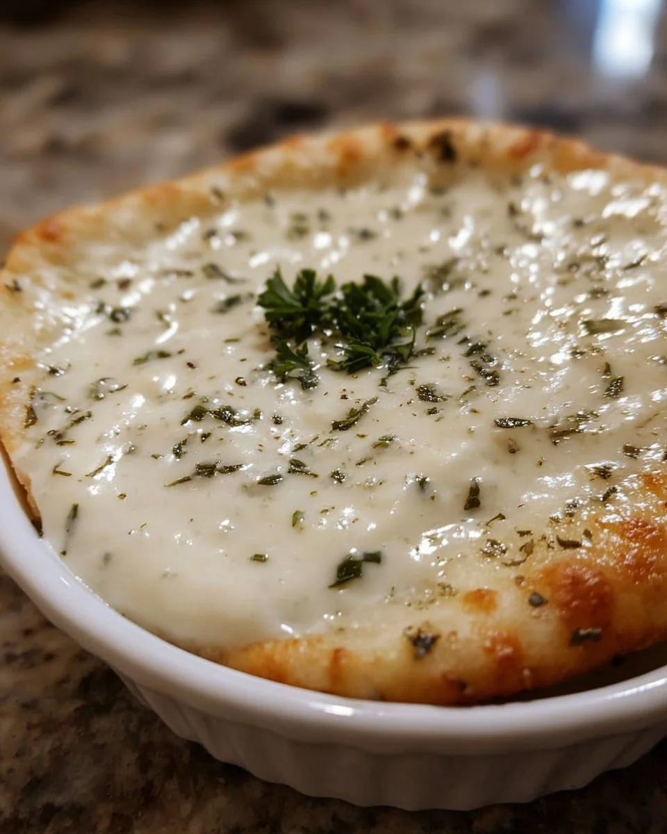 Weiße Knoblauch-Pizzasoße in einer Glas-Schüssel mit frischen Zutaten.
