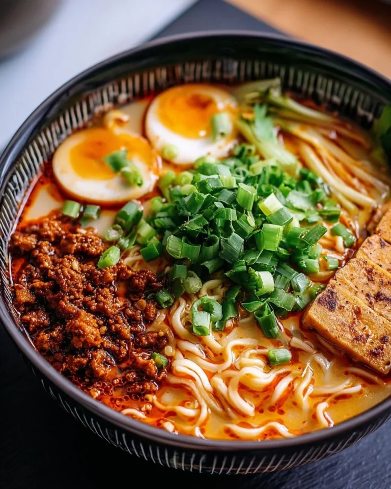 Schüssel mit würzigen Tan-Tan Ramen, garniert mit frischen Kräutern und Chilis