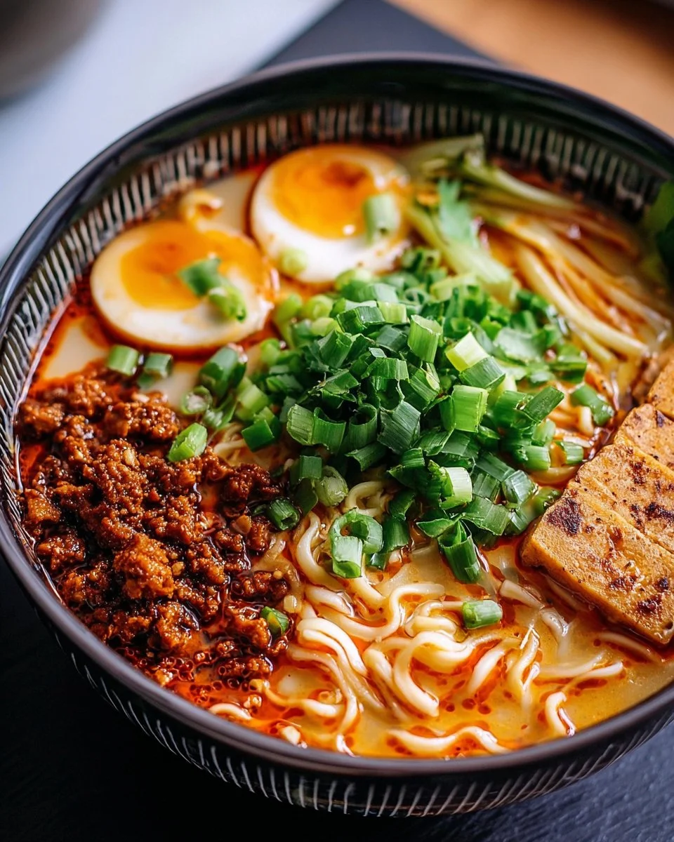 Schüssel mit würzigen Tan-Tan Ramen, garniert mit frischen Kräutern und Chilis