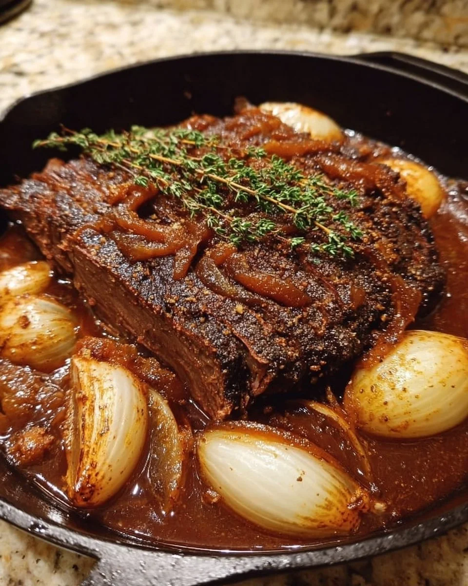 Zart geschmorte Rinderbrust in Balsamico-Zwiebelsoße auf einem Teller