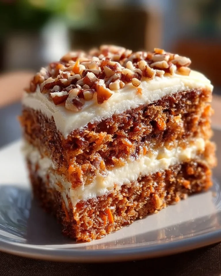 Zuckerfreier Karottenkuchen auf einem schönen Teller, mit Nüssen und Karotten dekoriert.