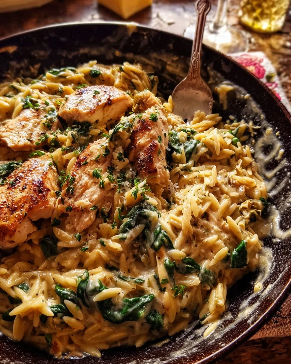 Spinat Artischocken Hühnchen Orzo auf einem Teller serviert