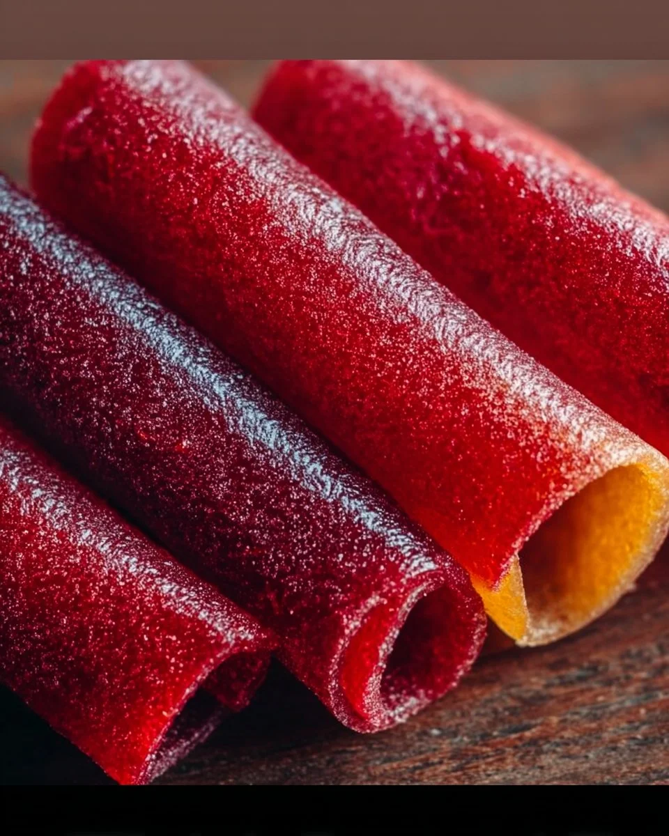 Hausgemachte 3-Zutaten Frucht-Rollen auf einem Holzbrett