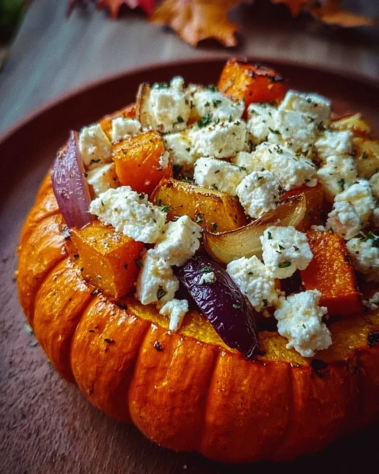 Autumn pumpkin vegetables with feta cheese served in a bowl