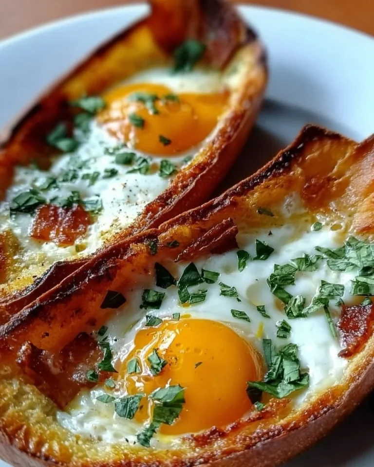 Leckere Backboote mit Eiern auf einem Teller serviert.