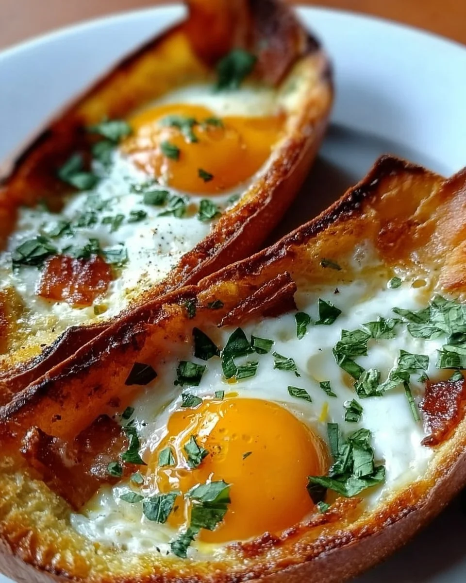 Leckere Backboote mit Eiern auf einem Teller serviert.