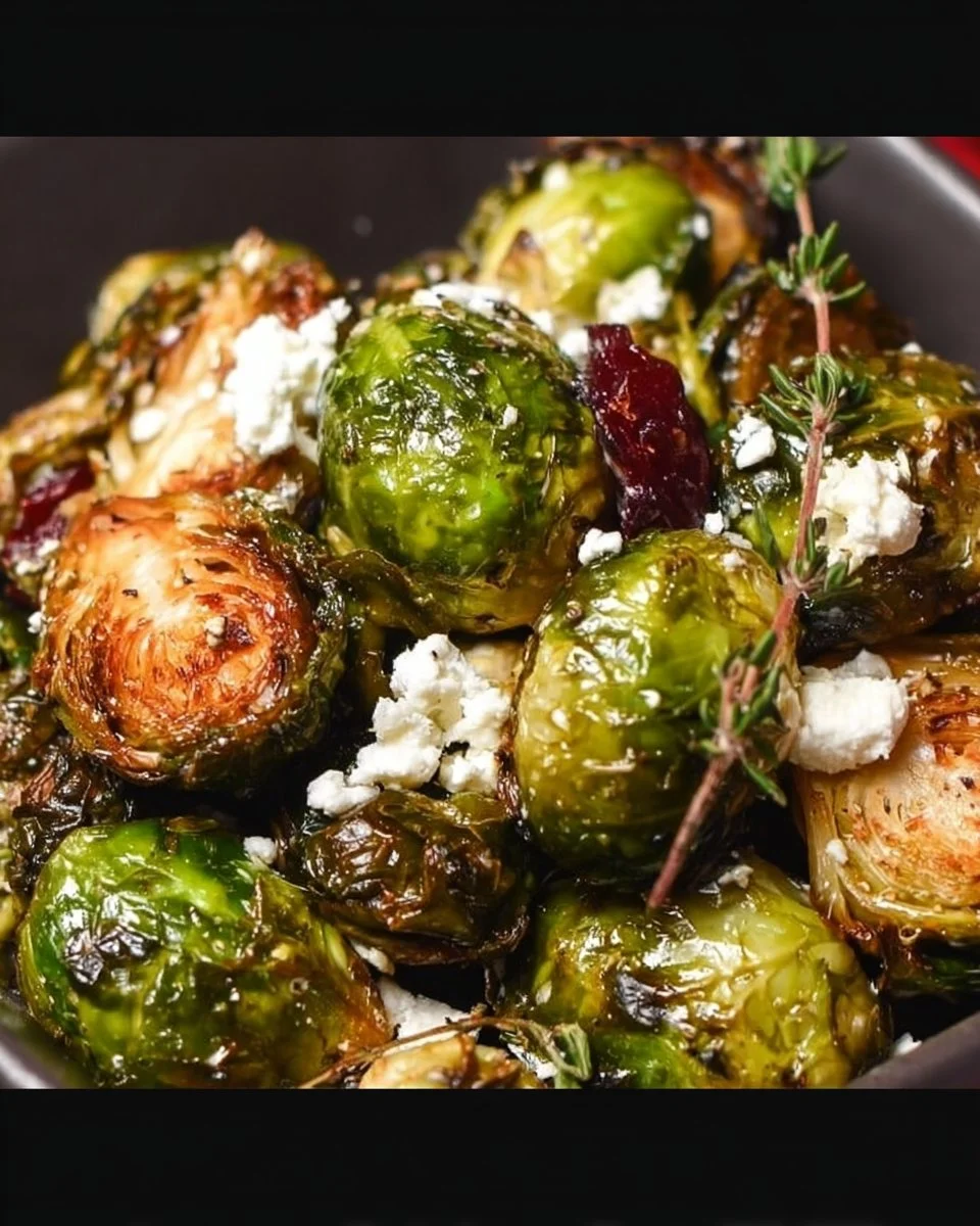 Balsamisch gerösteter Rosenkohl auf einem Teller mit frischen Kräutern