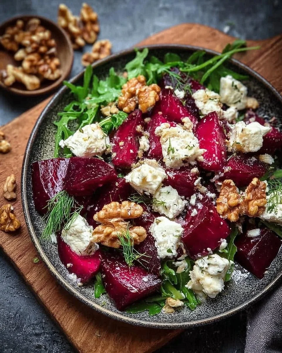 Beetroot salad with feta cheese and walnuts in a vibrant bowl