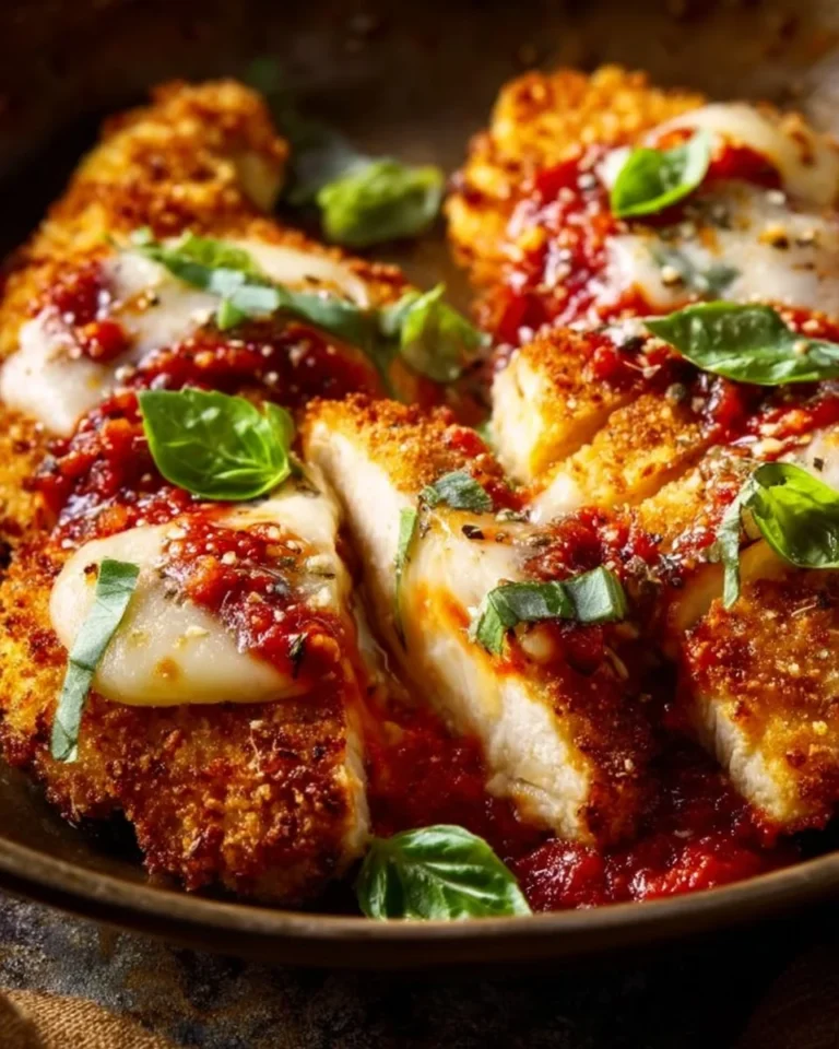 Leckeres Hühnchen Parmesan serviert mit Käse und Tomatensauce