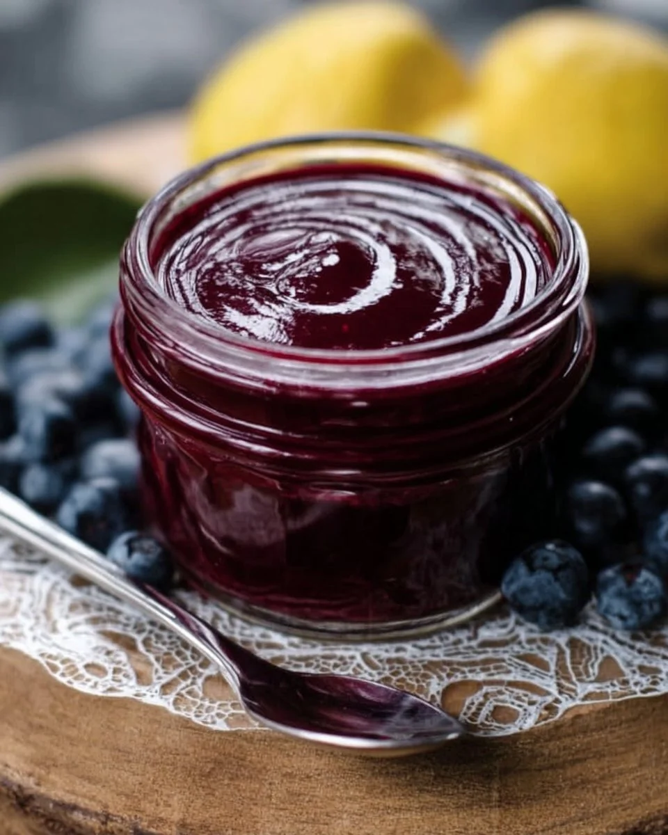 Blaubeer-Zitronen-Curd in einem Glas mit frischen Blaubeeren und Zitronenscheiben