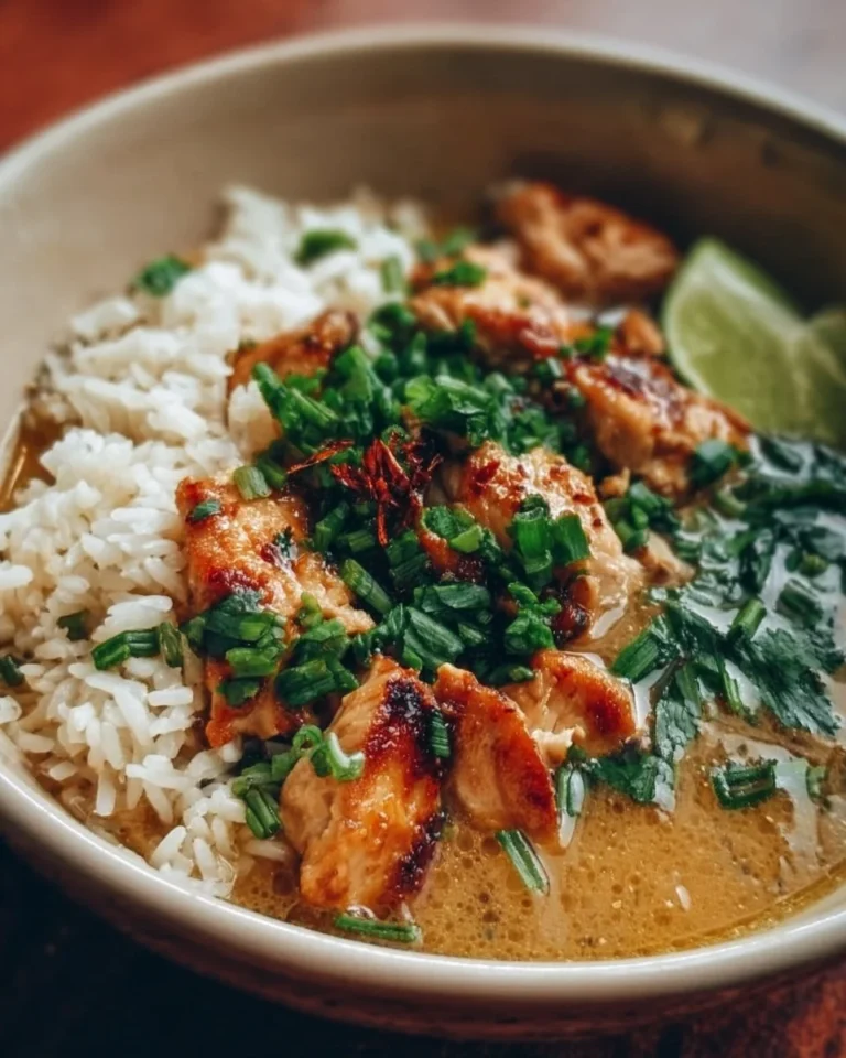 Brühe-Miso-Ingwer-Hühnchen mit Reis auf einem Teller serviert