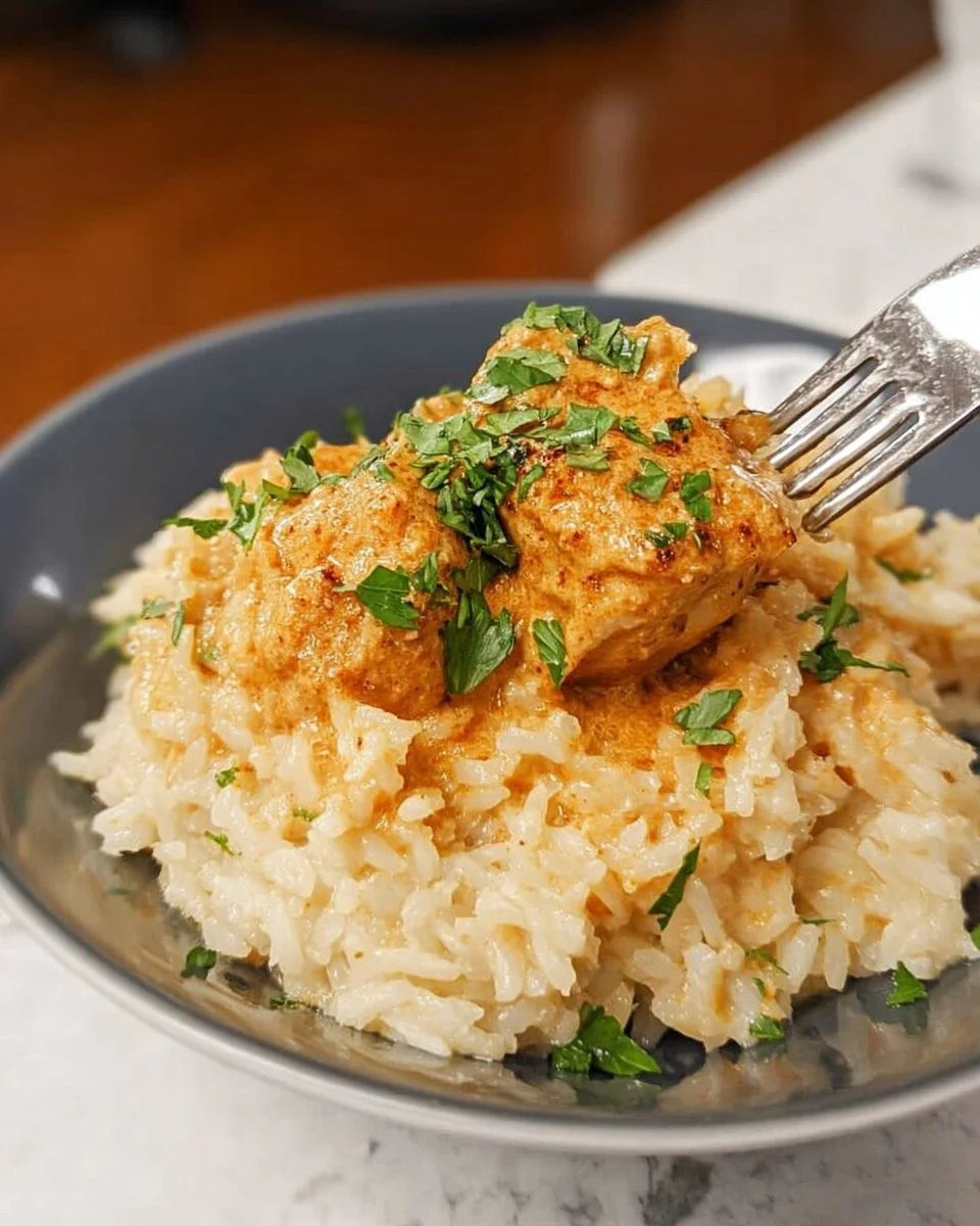 Schüssel mit Butter Chicken und Reis, typisch indisches Gericht