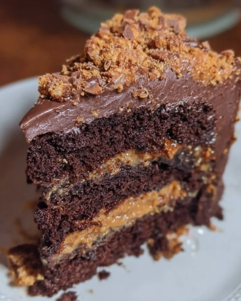 Butterfinger Doppelschokoladen-Schichtkuchen auf einem Teller serviert