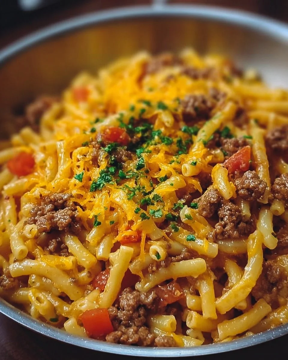 A bowl of cheeseburger noodles topped with cheese and herbs