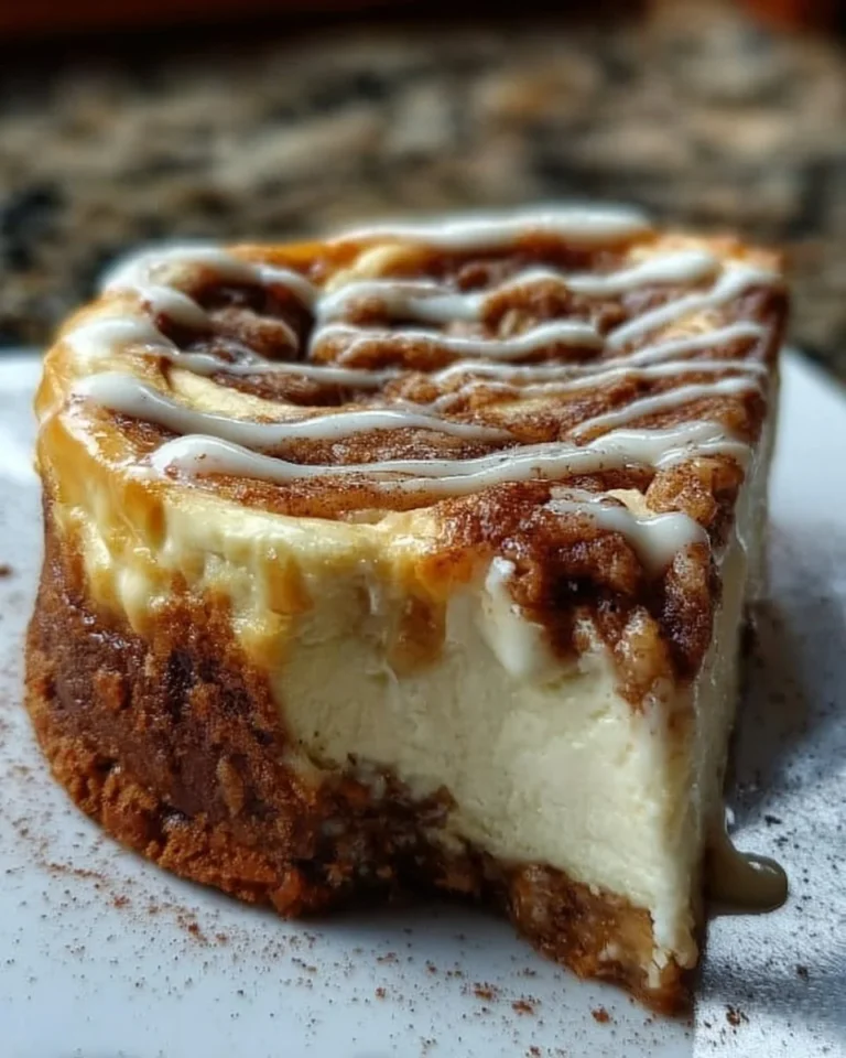 Slice of cinnamon roll cheesecake topped with icing on a plate