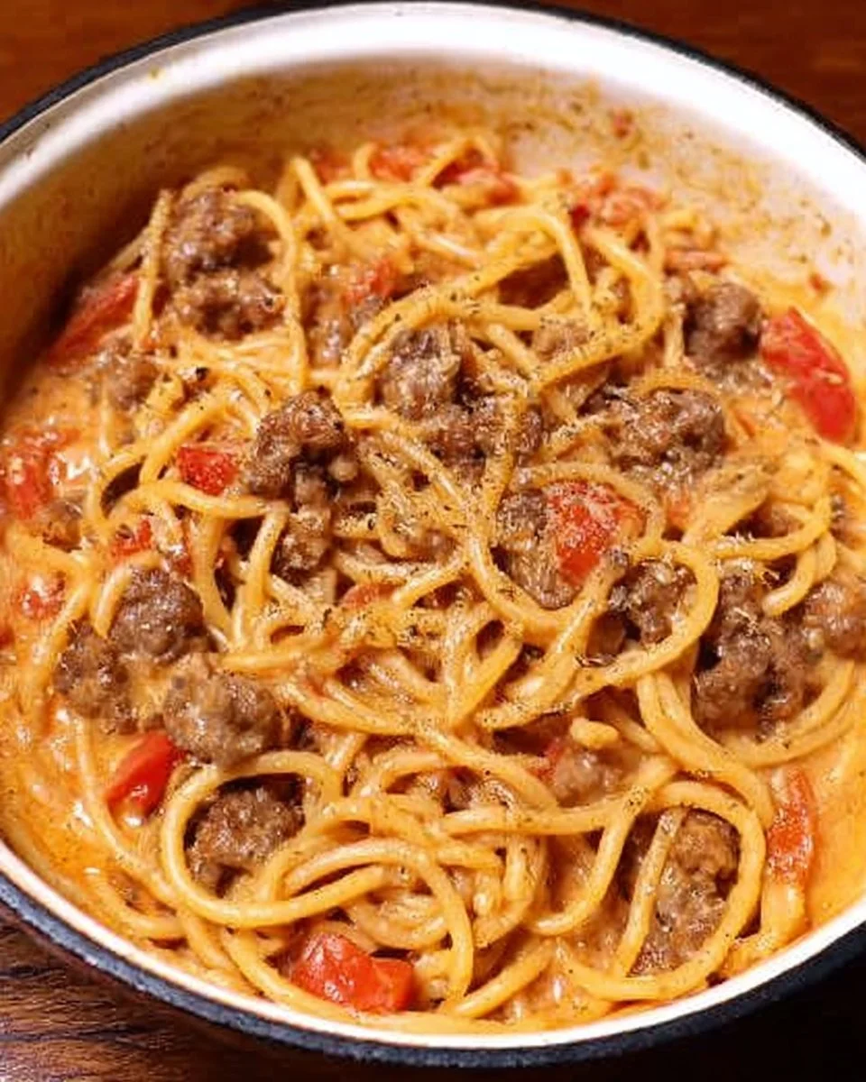 Cremige Ein-Topf-Spaghetti mit italienischer Rinderwurst auf einem Teller.