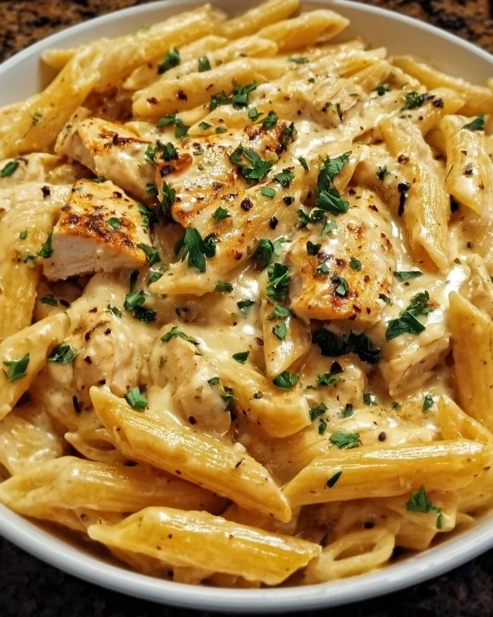 Cremige Halal Hühnchen Penne ohne Speck in einer köstlichen Sauce
