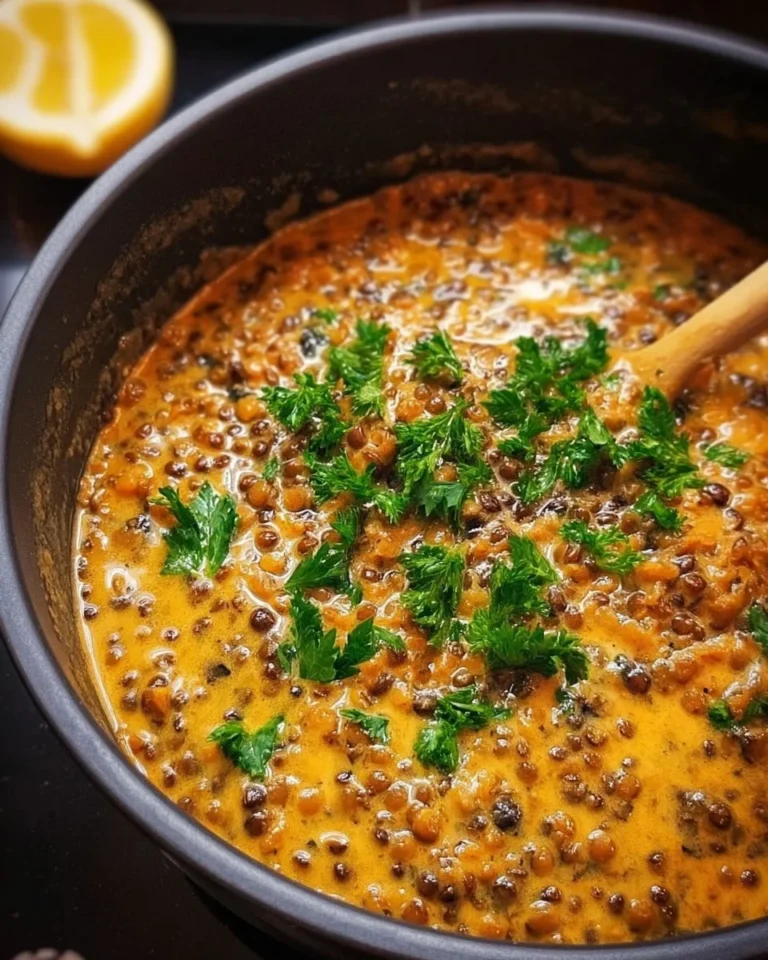 Cremige Heirate mich-Linsen in einer Schüssel mit frischen Kräutern