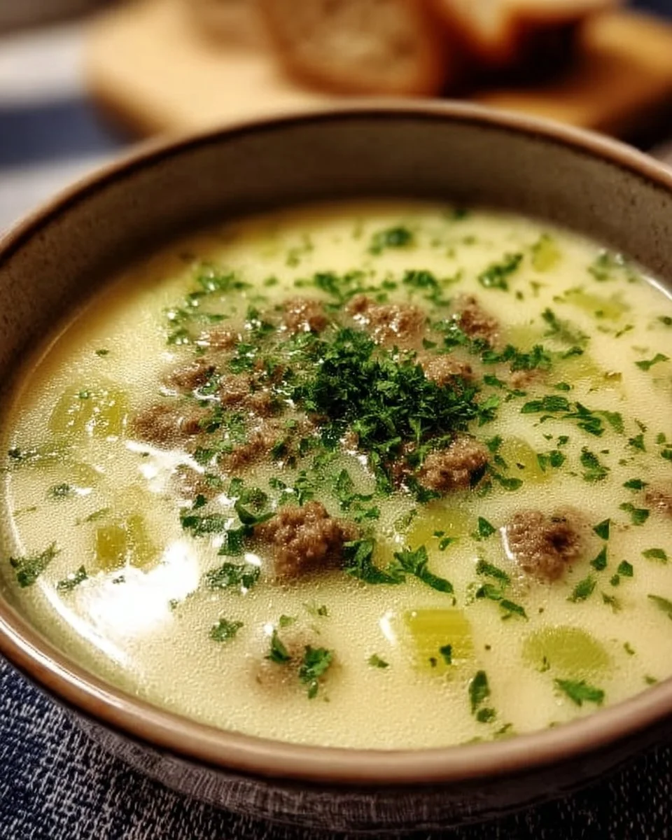 Cremige Lauch- und Rindfleischsuppe in einer Schüssel