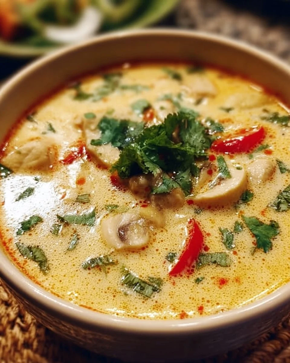 Schüssel mit cremiger Thai Hühner-Kokos-Suppe mit frischen Kräutern