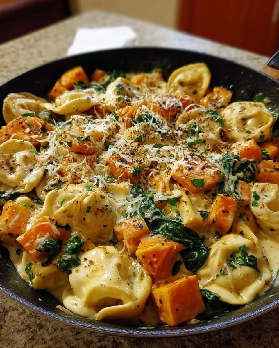 Cremige Tortellini-Pfanne mit Süßkartoffeln und Spinat auf einem Teller serviert