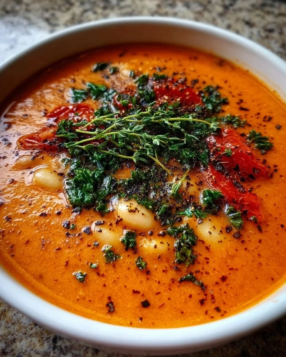 Cremige vegane Tomaten-Weißbohnensuppe mit frischen Zutaten serviert