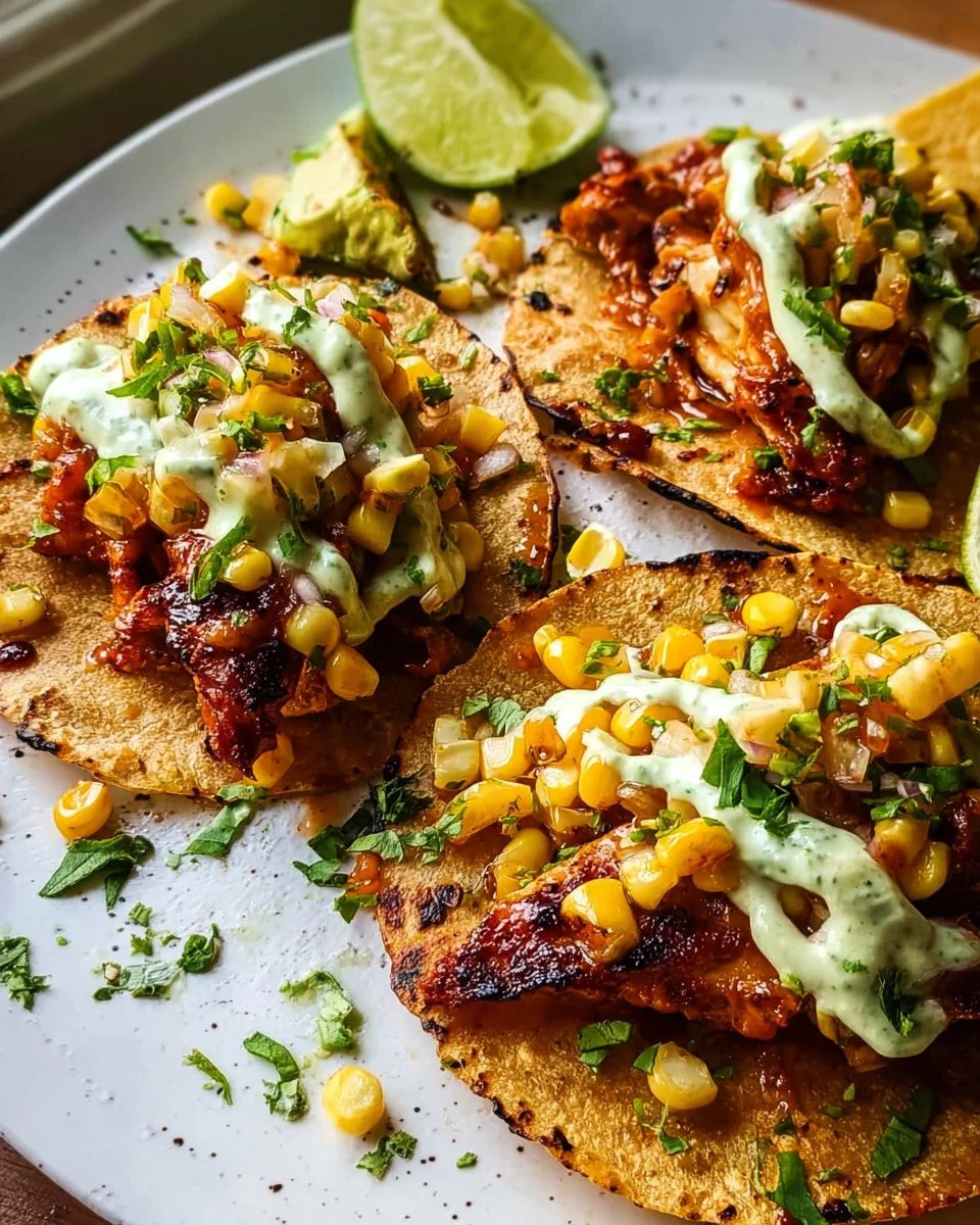 Crispy Chipotle BBQ Chicken Tacos mit cremiger gegrillter Mais-Salsa