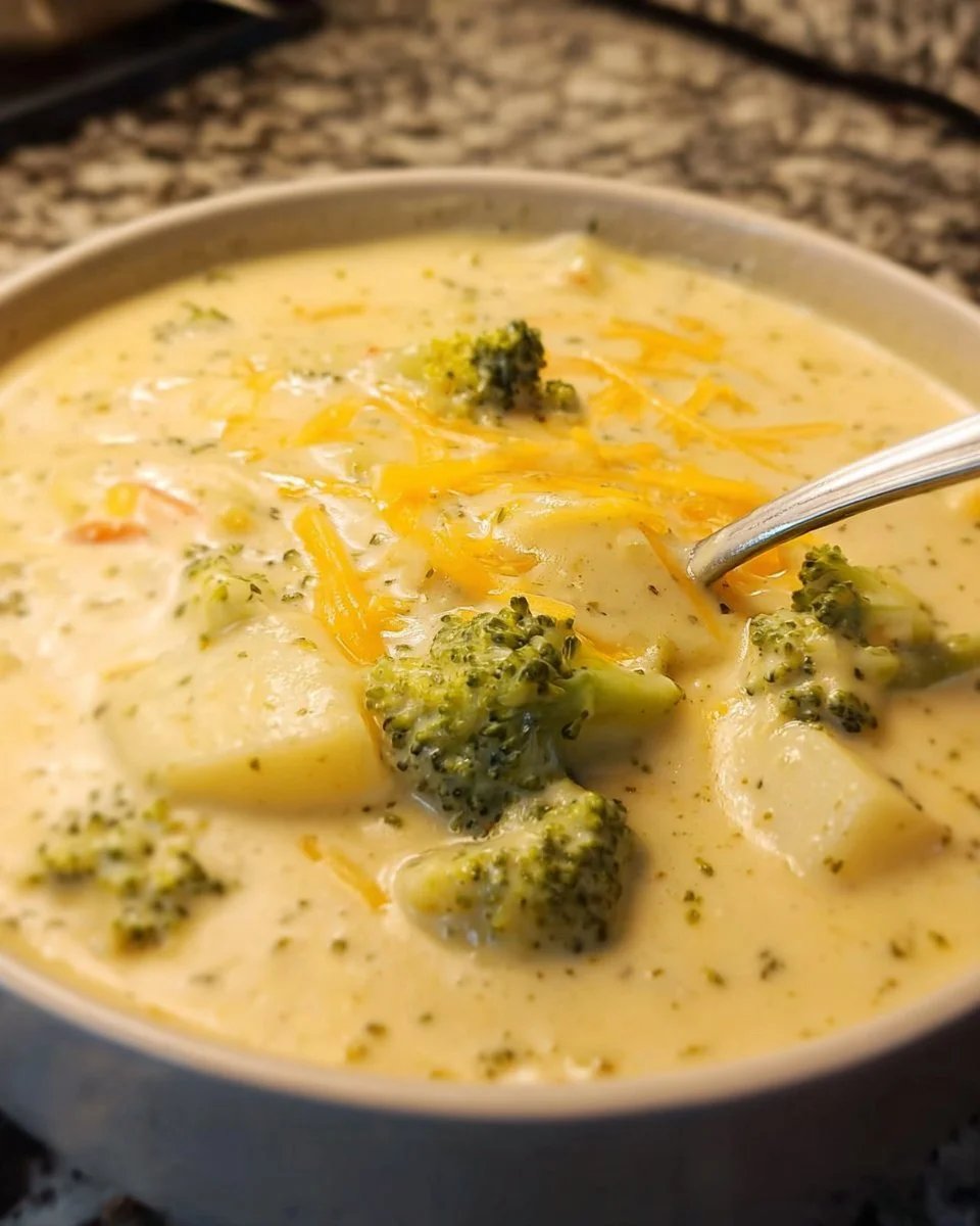 Crock-Pot Brokkoli-Kartoffelsuppe in einem weißen Teller mit frischen Zutaten